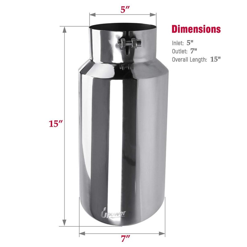 Upower Diesel Exhaust Tip 5" Inlet 7" Outlet 15" Long Stainless Steel Polished Bolt-On Tail Pipe 5" to 7" Universal for Trucks Car - Image 4